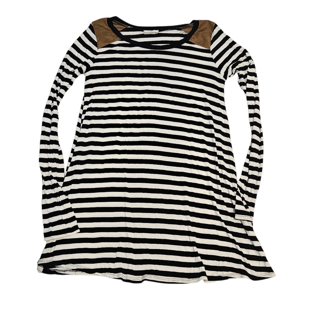 12PM by Mon Ami Black and White Striped Long Sleeve T-Shirt Dress
